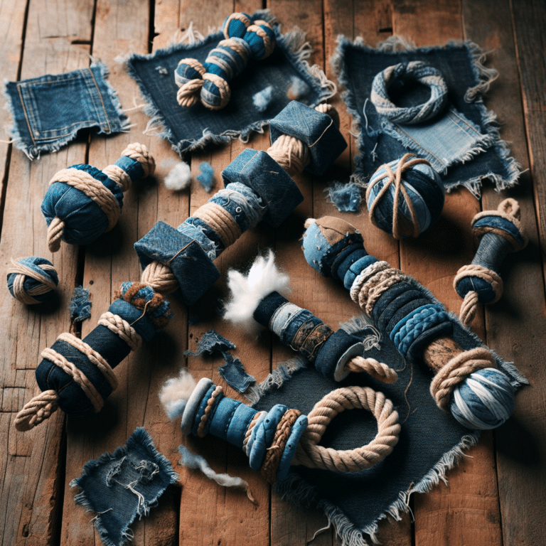 Handmade tug toys using recycled denim